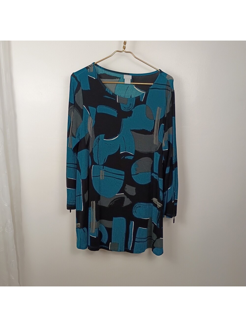 Chico's Travelers Turquoise and Black Stretchy Slinky Tunic 12/14 Top Size 2